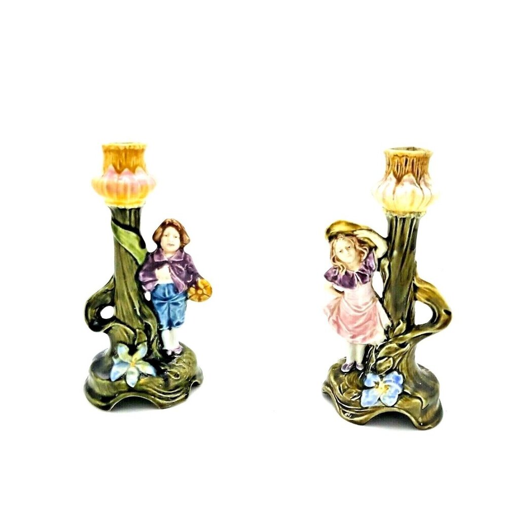 Antique German Porcelain Figural Candlesticks Pair-Boy & Girl Pastoral Mold 642